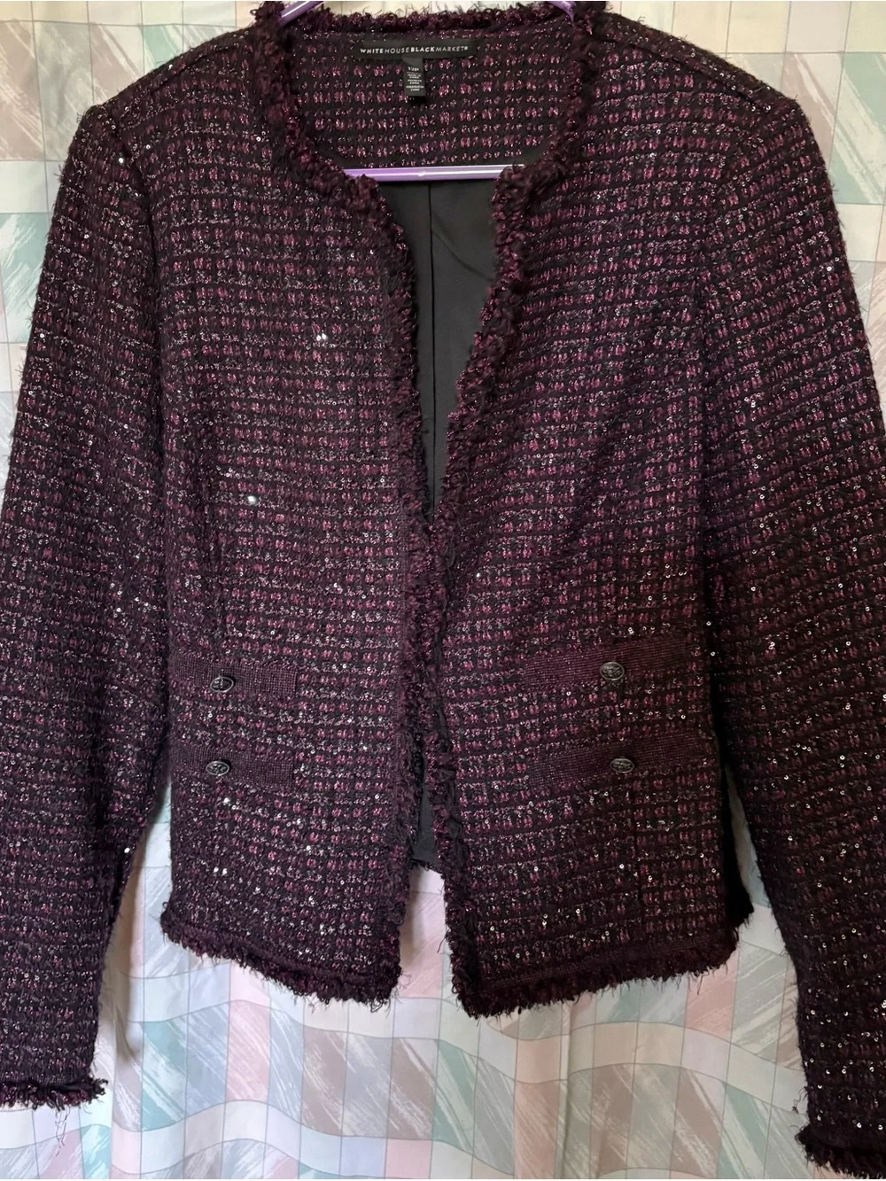 White House Black Market Plum Tweed Fringe-Trim Blazer